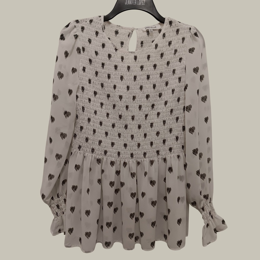 Rose + Olive White Heart Print Smocked Peplum Long Sleeve Blouse Medium